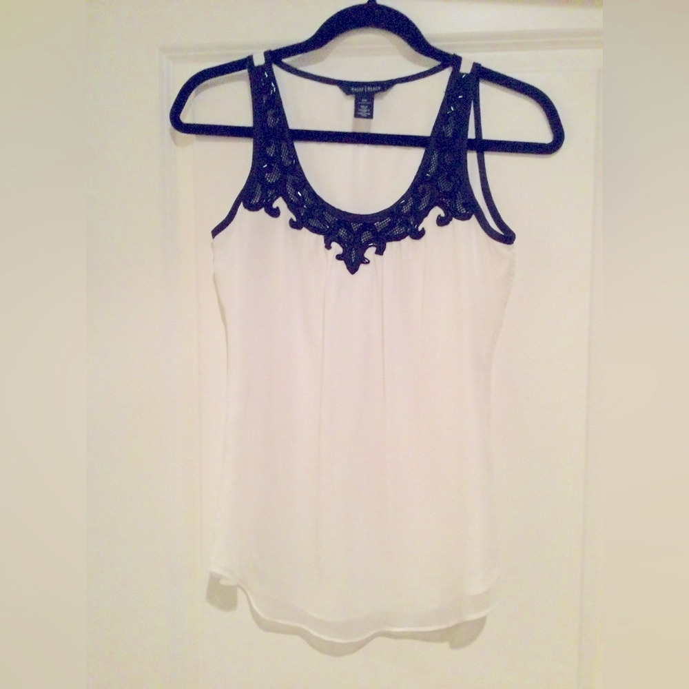 WHBM White Top With Black Sequins Lace Accent